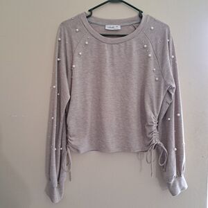 SKONHET Light Brown Pearl Embellished long Sleeve Shirt W Side Tie Size XL